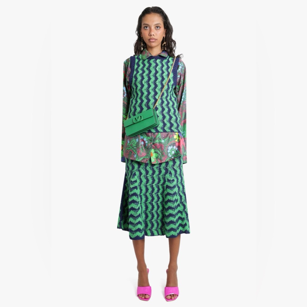 NWT. Wales Bonner “Ocean” Navy Blue and Green Zigzag Knit Skirt Size Small